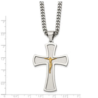 Load image into Gallery viewer, Chisel Stainless Steel Brushed and Polished Yellow IP-plated Crucifix Pendant on a 24 inch Curb Chain Necklace
