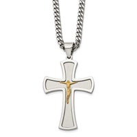 Load image into Gallery viewer, Chisel Stainless Steel Brushed and Polished Yellow IP-plated Crucifix Pendant on a 24 inch Curb Chain Necklace

