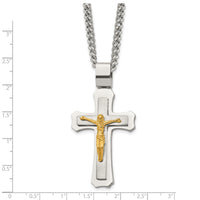 Load image into Gallery viewer, Chisel Stainless Steel Brushed and Polished Yellow IP-plated Crucifix Pendant on a 24 inch Curb Chain Necklace
