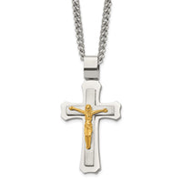 Load image into Gallery viewer, Chisel Stainless Steel Brushed and Polished Yellow IP-plated Crucifix Pendant on a 24 inch Curb Chain Necklace
