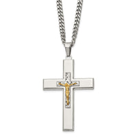 Load image into Gallery viewer, Chisel Stainless Steel Polished Yellow IP-plated Crucifix Pendant on a 24 inch Curb Chain Necklace
