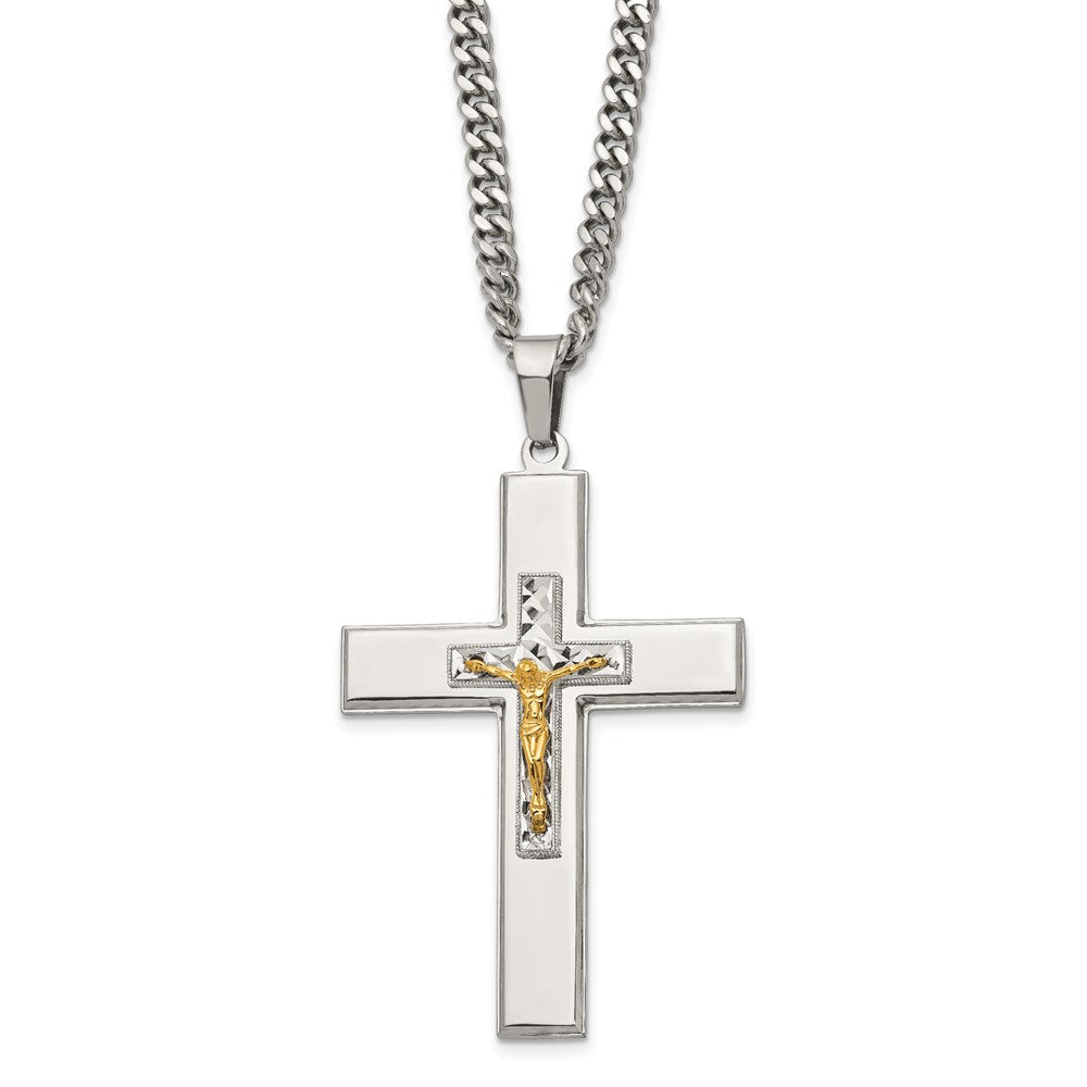 Chisel Stainless Steel Polished Yellow IP-plated Crucifix Pendant on a 24 inch Curb Chain Necklace
