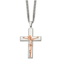 Load image into Gallery viewer, Chisel Stainless Steel Polished Rose IP-plated Crucifix Pendant on a 24 inch Curb Chain Necklace
