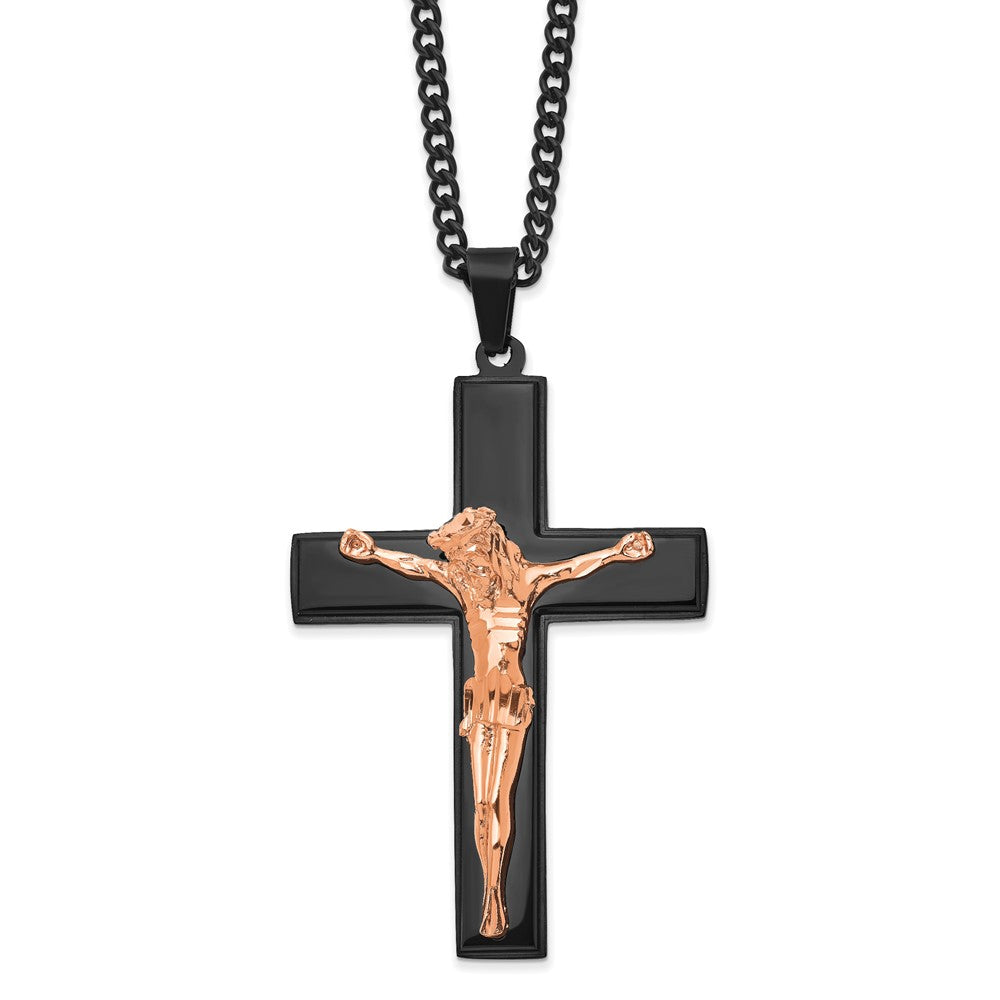 Chisel Stainless Steel Polished Black and Rose IP-plated Crucifix Pendant on a 24 inch Curb Chain Necklace