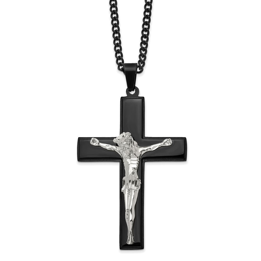 Chisel Stainless Steel Polished Black IP-plated Crucifix Pendant on a 24 inch Curb Chain Necklace