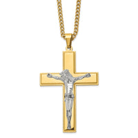 Load image into Gallery viewer, Chisel Stainless Steel Polished Yellow IP-plated Crucifix Pendant on a 24 inch Curb Chain Necklace
