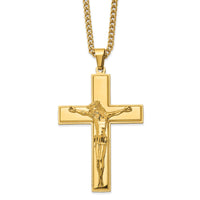 Load image into Gallery viewer, Chisel Stainless Steel Polished Yellow IP-plated Crucifix Pendant on a 24 inch Curb Chain Necklace
