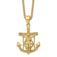 Load image into Gallery viewer, Chisel Stainless Steel Polished and Textured Yellow IP-plated Mariner&#39;s Cross Pendant on a 24 inch Curb Chain Necklace
