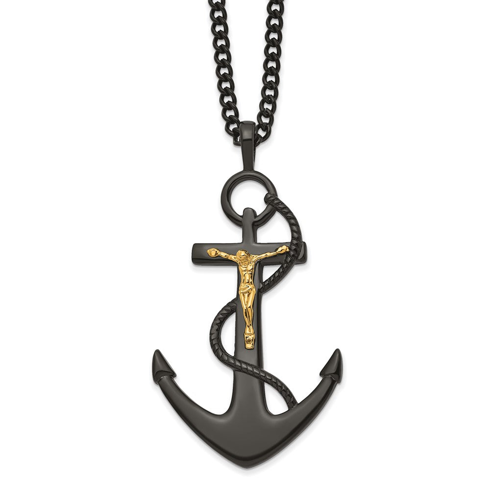 Chisel Stainless Steel Polished Black and Yellow IP-plated Crucifix Anchor Necklace