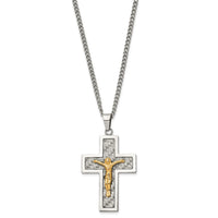Load image into Gallery viewer, Chisel Stainless Steel Polished Yellow IP-plated Grey Carbon Fiber Inlay Crucifix Pendant on a 24 inch Curb Chain Necklace
