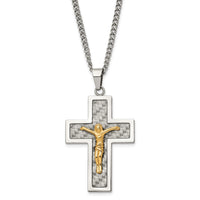 Load image into Gallery viewer, Chisel Stainless Steel Polished Yellow IP-plated Grey Carbon Fiber Inlay Crucifix Pendant on a 24 inch Curb Chain Necklace
