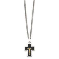 Load image into Gallery viewer, Chisel Stainless Steel Polished with 14K Gold Accent with Black Enamel Crucifix Pendant on a 24 inch Curb Chain Necklace

