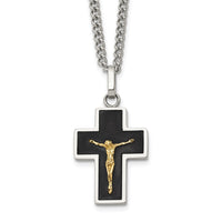 Load image into Gallery viewer, Chisel Stainless Steel Polished with 14K Gold Accent with Black Enamel Crucifix Pendant on a 24 inch Curb Chain Necklace
