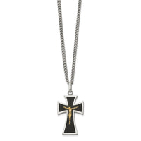 Load image into Gallery viewer, Chisel Stainless Steel Polished with 14K Gold Accent with Black Enamel Crucifix Pendant on a 24 inch Curb Chain Necklace
