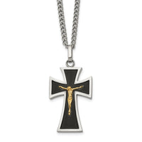 Load image into Gallery viewer, Chisel Stainless Steel Polished with 14K Gold Accent with Black Enamel Crucifix Pendant on a 24 inch Curb Chain Necklace
