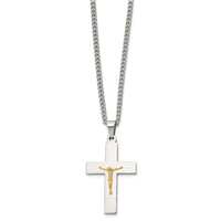 Load image into Gallery viewer, Chisel Stainless Steel Polished with 14K Gold Accent Crucifix Pendant on a 24 inch Curb Chain Necklace
