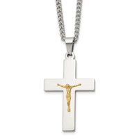 Load image into Gallery viewer, Chisel Stainless Steel Polished with 14K Gold Accent Crucifix Pendant on a 24 inch Curb Chain Necklace
