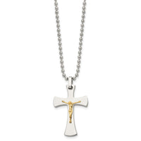 Load image into Gallery viewer, Chisel Stainless Steel Polished with 14k Gold Accent Crucifix Pendant on a 22 inch Ball Chain Necklace
