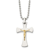 Load image into Gallery viewer, Chisel Stainless Steel Polished with 14k Gold Accent Crucifix Pendant on a 22 inch Ball Chain Necklace
