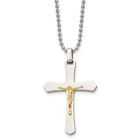 Load image into Gallery viewer, Chisel Stainless Steel Polished with 14k Gold Accent Crucifix Pendant on a 22 inch Ball Chain Necklace
