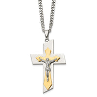 Load image into Gallery viewer, Chisel Stainless Steel Brushed and Polished Yellow IP-plated Crucifix on a 24 inch Curb Chain Necklace
