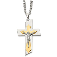 Load image into Gallery viewer, Chisel Stainless Steel Brushed and Polished Yellow IP-plated Crucifix on a 24 inch Curb Chain Necklace
