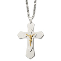 Load image into Gallery viewer, Chisel Stainless Steel Polished Yellow IP-plated Large Crucifix Pendant on a 24 inch Curb Chain Necklace
