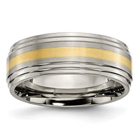 Load image into Gallery viewer, Chisel Titanium Brushed Center with 14k Gold Inlay 8mm Ridged Edge Band
