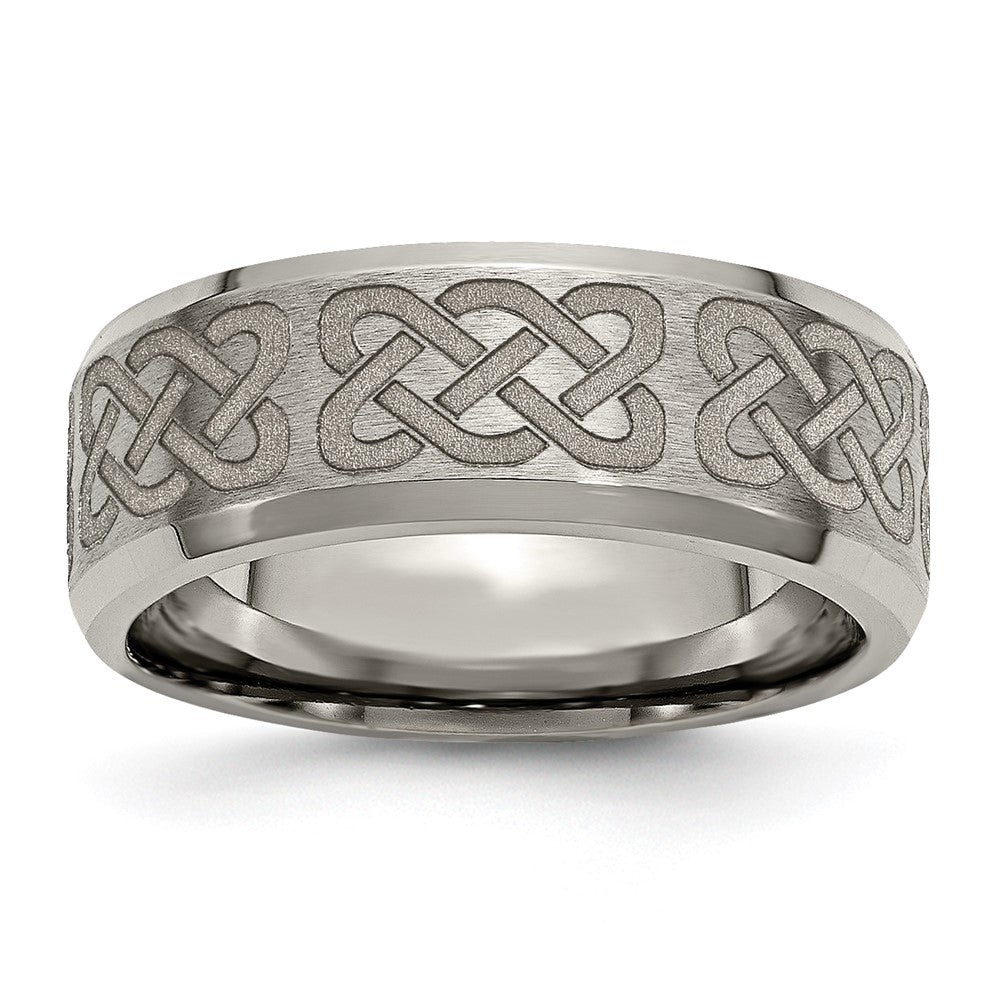 Chisel Titanium Brushed and Polished Celtic Laser Design 8mm Beveled Edge Band