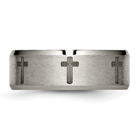 Load image into Gallery viewer, Chisel Titanium Brushed and Polished Cross Laser Design 8mm Beveled Edge Band
