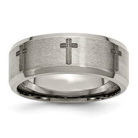 Load image into Gallery viewer, Chisel Titanium Brushed and Polished Cross Laser Design 8mm Beveled Edge Band
