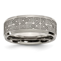 Load image into Gallery viewer, Chisel Titanium Brushed and Polished Greek Key Laser Design 8mm Beveled Band
