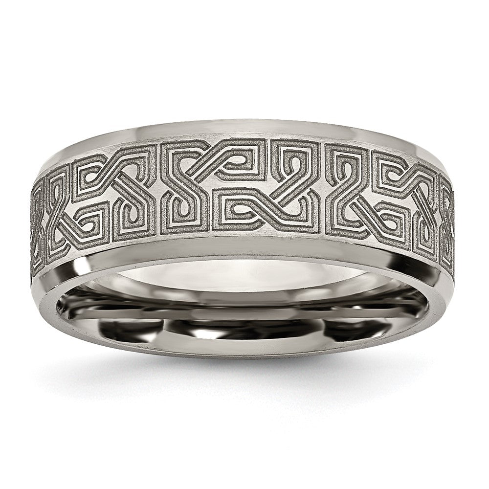 Chisel Titanium Brushed and Polished Greek Key Laser Design 8mm Beveled Band