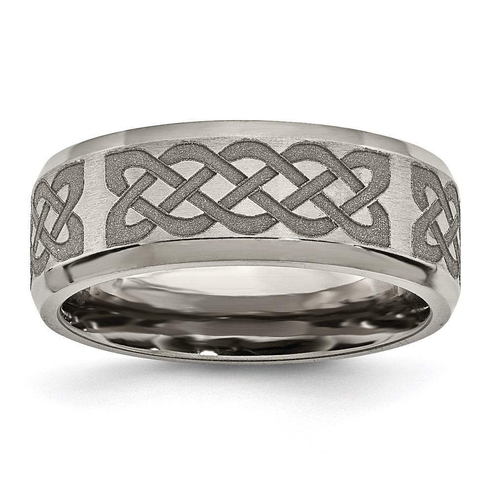 Chisel Titanium Brushed and Polished Celtic Laser Design 8mm Beveled Edge Band