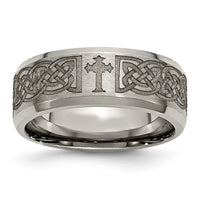 Load image into Gallery viewer, Chisel Titanium Brushed and Polished Cross Laser Design 8mm Beveled Edge Band
