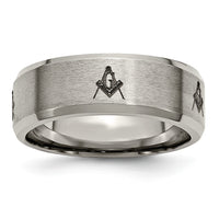 Load image into Gallery viewer, Chisel Titanium Brushed and Polished Masonic Laser Design 8mm Beveled Edge Band
