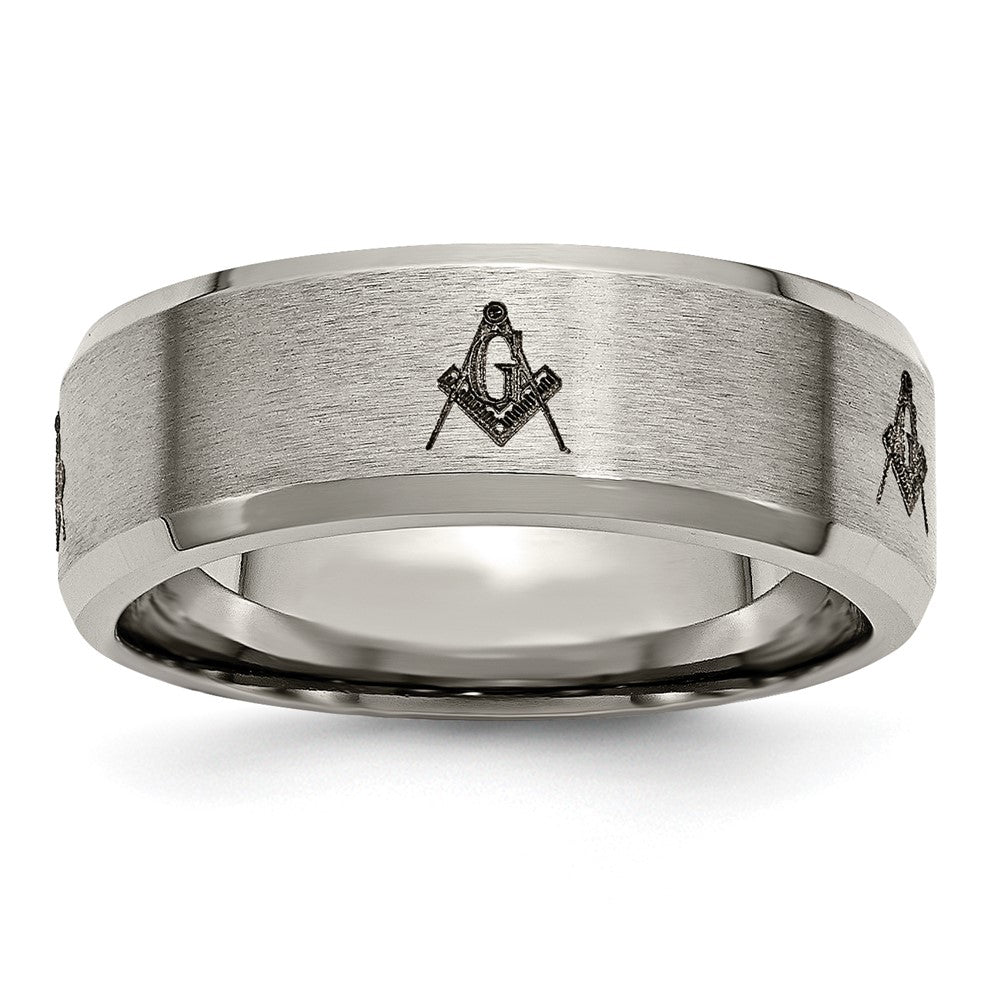 Chisel Titanium Brushed and Polished Masonic Laser Design 8mm Beveled Edge Band