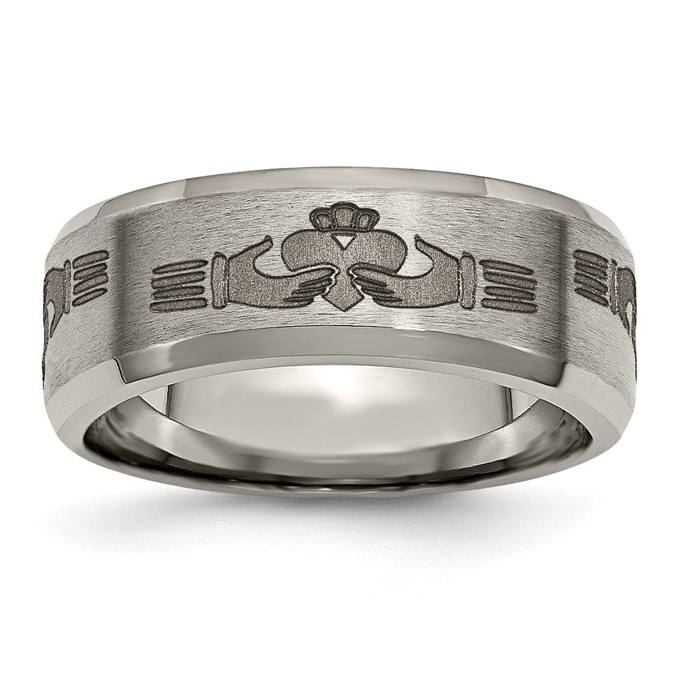 Chisel Titanium Brushed and Polished Claddagh Laser Design 8mm Beveled Edge Band