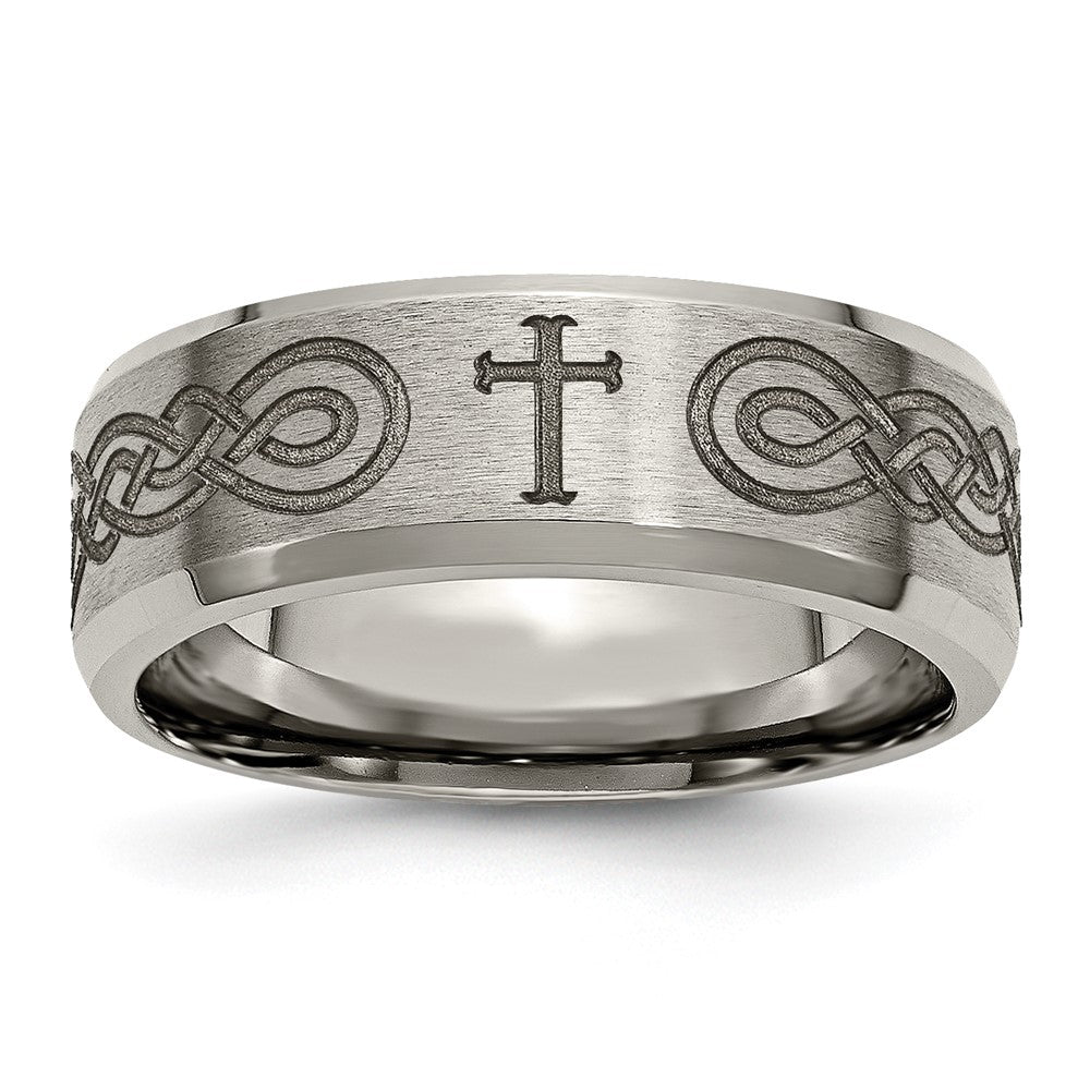 Chisel Titanium Brushed and Polished Cross Laser Design 8mm Beveled Edge Band