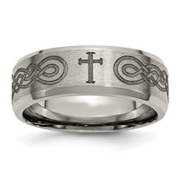 Load image into Gallery viewer, Chisel Titanium Brushed and Polished Cross Laser Design 8mm Beveled Edge Band
