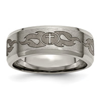 Load image into Gallery viewer, Chisel Titanium Brushed and Polished Cross Laser Design 8mm Beveled Edge Band
