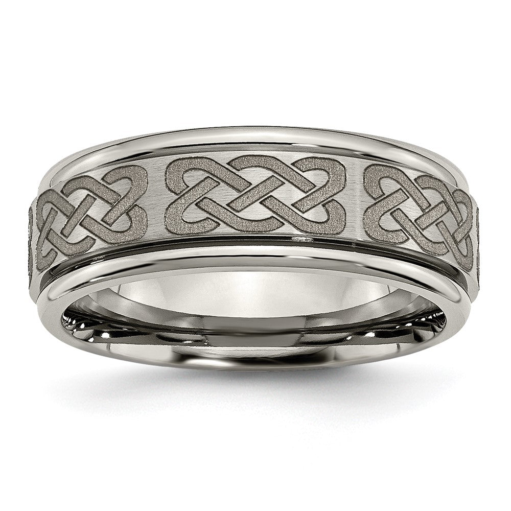 Chisel Titanium Brushed and Polished Celtic Laser Design 8mm Ridged Edge Band
