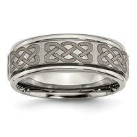 Load image into Gallery viewer, Chisel Titanium Brushed and Polished Celtic Laser Design 8mm Ridged Edge Band

