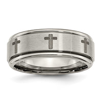 Load image into Gallery viewer, Chisel Titanium Brushed and Polished Cross Laser Design 8mm Ridged Edge Band
