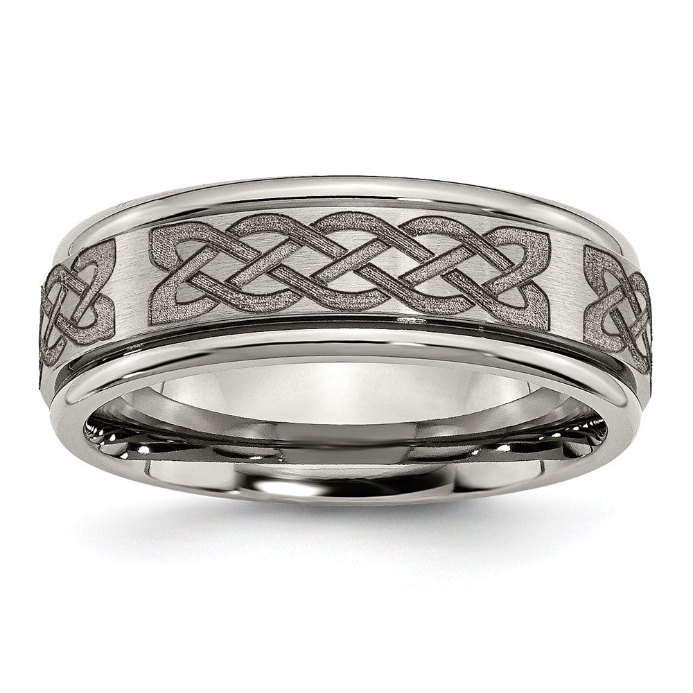 Chisel Titanium Brushed and Polished Celtic Laser Design 8mm Ridged Edge Band
