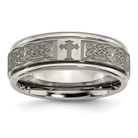 Load image into Gallery viewer, Chisel Titanium Brushed and Polished Cross Laser Design 8mm Ridged Edge Band
