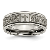 Load image into Gallery viewer, Chisel Titanium Brushed and Polished Cross Laser Design 8mm Ridged Edge Band
