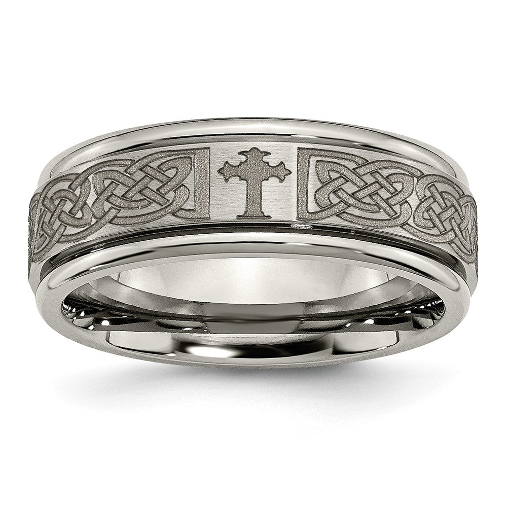 Chisel Titanium Brushed and Polished Cross Laser Design 8mm Ridged Edge Band