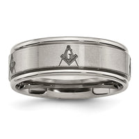 Load image into Gallery viewer, Chisel Titanium Brushed and Polished Masonic Laser Design 8mm Ridged Edge Band
