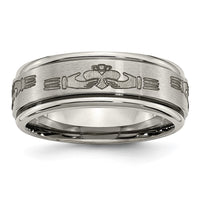 Load image into Gallery viewer, Chisel Titanium Brushed and Polished Claddagh Laser Design 8mm Ridged Edge Band
